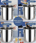 Heavy Duty 304 Stainless Steel Airtight Food Dispenser Big Boy 26 Gallon Grain Bin Keeps Everything Crisp For Flour Coffee Beans Rice And Your Whole Kitchen Stash in four angles showing storage of soybeans, oil, rice, and tea.