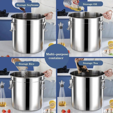 Heavy Duty 304 Stainless Steel Airtight Food Dispenser Big Boy 26 Gallon Grain Bin Keeps Everything Crisp For Flour Coffee Beans Rice And Your Whole Kitchen Stash in four angles showing storage of soybeans, oil, rice, and tea.