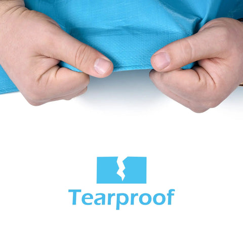 Hands demonstrating tear resistance of Heavy Duty Waterproof 10x12 Tarp 12 Mil Thick Blue Cover For Camping Tent Boat RV Car And Pool UV Resistant Rip And Tear Proof With Metal Grommets Multipurpose Use