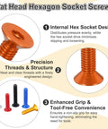 Diagram of flat head hexagon socket screws in bright orange, showing design features and other color options.