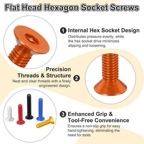 Diagram of flat head hexagon socket screws in bright orange, showing design features and other color options.