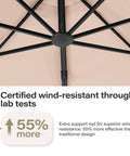 Close-up view of the 11 Ft Deluxe Cantilever Outdoor Umbrella with base, showcasing robust wind-resistant support rods in beige.