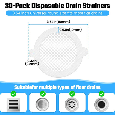 Game Changing Disposable Shower Drain Hair Catcher With Slick Peel And Stick Adhesive For No Worries Bathroom Tub Filter Upkeep And Super Reliable Daily Hair Clog Prevention 30 Pack, 3.54-inch round drain strainer.