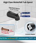 High flow waterfall tub spout in matte black, part of 2 In 1 Dual Shower Head And Handheld Faucet Set With Tub Spout Wall Mount Trim Kit