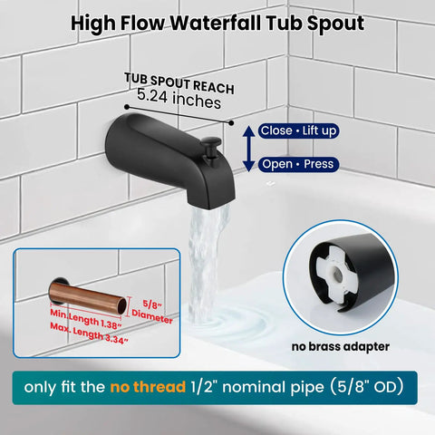 Upgrade Your Bathroom With This Gotonovo 2 Handle Tub Shower Faucet Set Featuring Dual Head System And Polished Chrome Finish For A Sleek Modern Look That Will Totally Freshen Up Your Daily Routine. black waterfall tub spout, 5.24-inch reach, for 1/2-inch no-thread pipe