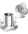 Top Shelf 100 Pack 1 4 20 T Nuts 304 Stainless Steel Four Pronged Threaded Inserts For Woodworking Furniture Cabinetry close up view