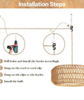 Installation steps for 18 Inch Plug in Pendant Light, Boho Hanging Lamp with 15.7FT Light Cord, showing hooks and tools.