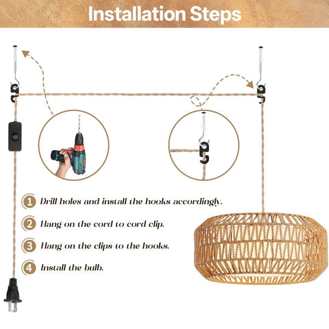 Installation steps for 18 Inch Plug in Pendant Light, Boho Hanging Lamp with 15.7FT Light Cord, showing hooks and tools.