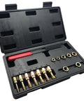 Open case showing 15 Piece Metric Thread Chaser Kit for Quick No Fuss Repair and Rethread M6 to M12 Sizes includes 7 taps, 7 dies, and thread file.