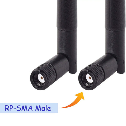 Dual Band WiFi Antennas 2.4GHz And 5GHz Omni Directional 3dBi RP-SMA Male 2-Pack For PC Router USB Adapter Wireless Network Card IP Cameras Video Surveillance close-up of RP-SMA male connectors