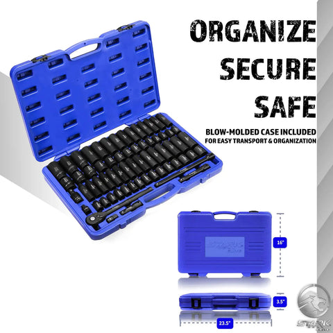 Half Inch Drive Impact Socket Set With 65 Piece Deep And Shallow Sockets SAE And Metric Sizes Adapters And Ratchet Handle Included in Case
