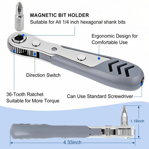30in1 Right Angle Screwdriver Kit With 36-Tooth Mini Ratchet Wrench For Tight Spots, low profile offset magnetic handle.
