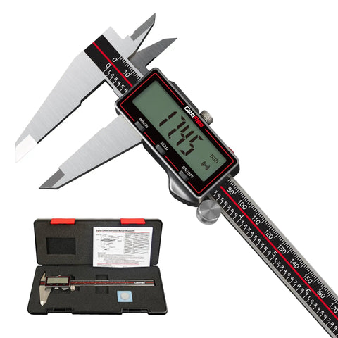 True Wireless Digital Caliper 0-6 Inch 150mm with One-Click Data Transfer to Excel Phone PC, shown with LCD display and carrying case