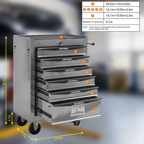 Industrial Grade Rolling Tool Storage Cabinet With Tough Steel Top And Glide Smooth Ball Bearing Slides Mobile Garage Chest With Brake Caster Wheels For Weekend Warriors And Daily Shop Grind Projects Silver showing organized drawers and sturdy design.