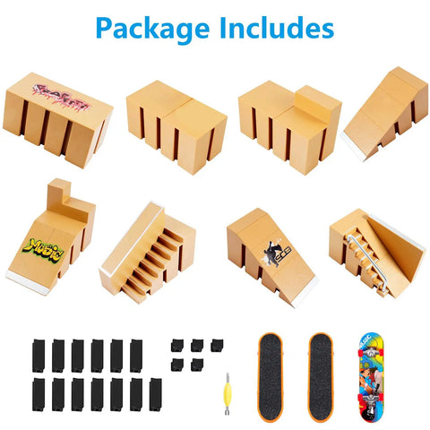All In One Finger Skate Park Kit With 3 Mini Finger Skateboards And 8 Ramp Decks DIY Skate Park Build Includes Screws And Connectors Perfect Gift For Boys And Girls Ages 5 And Up package contents including ramps and boards.
