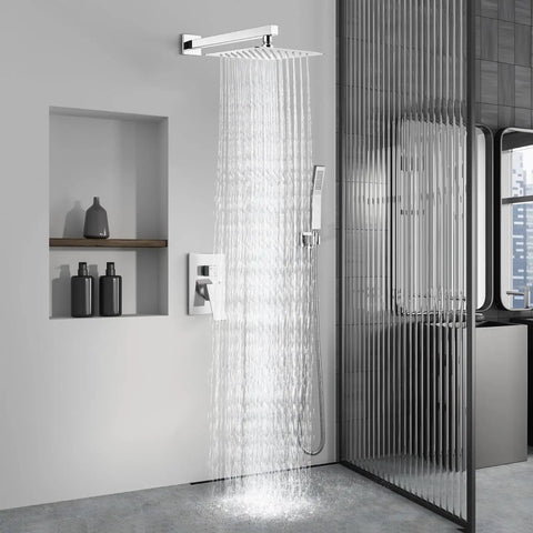 Shower Faucet Set With Rain Shower System And Handheld Spray, Chrome 10 Inch Wall Mount Shower Head in modern bathroom
