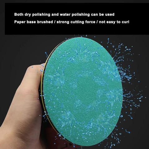 Premium 125Mm Wet And Dry Sanding Discs With Hook And Loop Backing, 100PCS Of Waterproof Silicon Carbide Sandpaper in use with water spray.