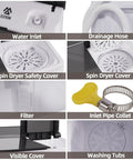 No Sweat Portable Twin Tub Washing Machine 20LB Mini Compact Laundry Set features water inlet, drainage hose, washing tubs, and spin dryer parts.
