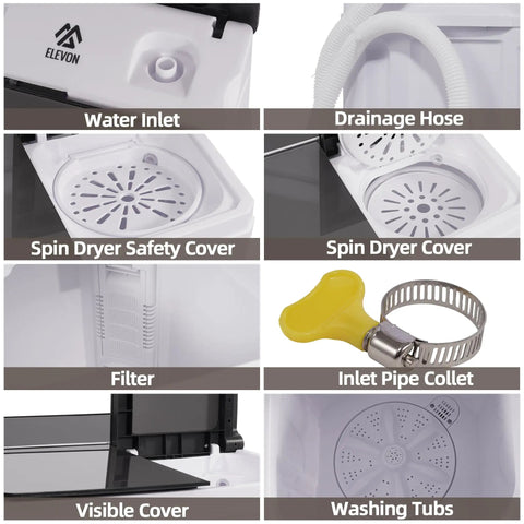 No Sweat Portable Twin Tub Washing Machine 20LB Mini Compact Laundry Set features water inlet, drainage hose, washing tubs, and spin dryer parts.