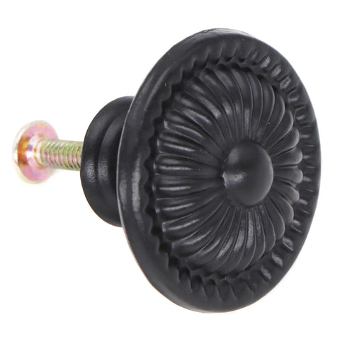 Side view of Six Piece Set Black Vintage Flower Cabinet Drawer Knobs With Floral Embossing 1.38 Inch Wide showing zinc finish.