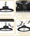 UFO LED High Bay Light 150W 24000LM 3 CCT Switchable installation and wiring steps for industrial ceiling mount.