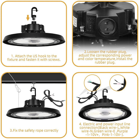 UFO LED High Bay Light 150W 24000LM 3 CCT Switchable installation and wiring steps for industrial ceiling mount.
