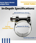 Heavy Duty Hose Clamps Set, 304 Stainless Steel T-Bolt, Adjustable 26-28 mm Range, Solid T-Nuts, Wide Band, 1 Inch Exhaust
