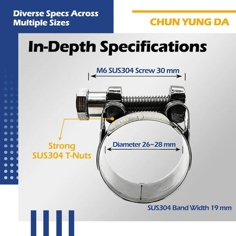 Heavy Duty Hose Clamps Set, 304 Stainless Steel T-Bolt, Adjustable 26-28 mm Range, Solid T-Nuts, Wide Band, 1 Inch Exhaust