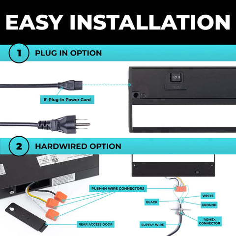 Under Cabinet Lighting 24 Inch Black Finish with 3 CCT 2700K 3000K 4000K Dimmable and Linkable plug and hardwired install options