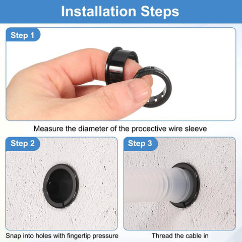 28 Pack Nylon Cable Snap Bushings Grommets, 1/2 Inch Mounting Diameter, Opened Snap Bushing For Wiring, Black Round Plastic Cable Hole Grommets, Durable Protective Grommets For Wiring Harnesses And Auto DIY Projects. Installation steps for black nylon snap bushing in hole