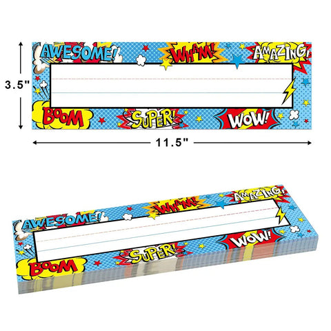 36 Pack Classroom Name Plates For Kids With Large Writing Space, colorful comic-themed border, dimensions 11.5 x 3.5 inches.