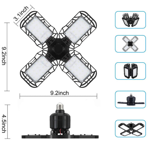Dimensions and design of 2 Pack 60W Garage Light 4 Panel LED Ceiling Fixture 6500K Daylight, 12000LM Porcelain Base, E26/E27 compatible.