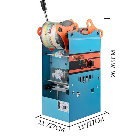 Heavy Duty Manual Boba Tea Cup Sealer Machine Built Like A Tank For Hustle Ready Cafes, 26 inch tall, carbon steel, seals 90-95 mm cups.