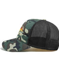 Side view of Everyday Camouflage Trucker Cap For Men with mesh back, camo pattern, and adjustable buckle for outdoor activities