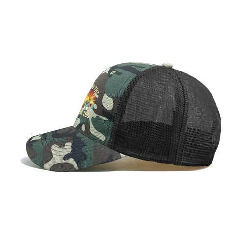 Side view of Everyday Camouflage Trucker Cap For Men with mesh back, camo pattern, and adjustable buckle for outdoor activities