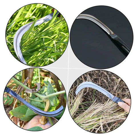10 Piece All In One Mowing Sickle Set With Rustproof Harvesting Tools For Gardening And Weeding Comfortable Handy One Hand Grip And Solid Wood Non Slip Handles For Efficient Yard Work shown in various uses