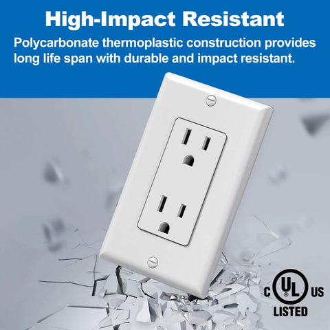 20 Pack Decorator Duplex Outlet, 15 Amp, 125 Volt, Non Tamper Resistant, White Wall Plate Included, Durable Polycarbonate Construction