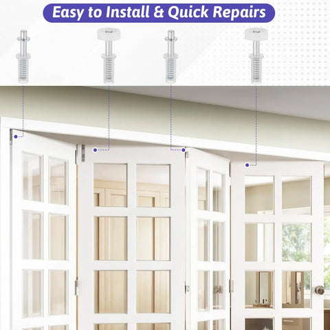 8 Pack Spring Loaded Bi-Fold Door Hardware Kit For Folding Closet Doors Pocket Doors And Barn Doors Top Roller Guide Wheel Top Pivot Bifold Repair Kit Durable Iron And Plastic Build No-Brainer Install shown with white folding doors and top pivot attachments labeled on frame for easy installation and quick repairs