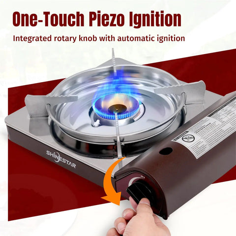 14,000 BTU Portable Butane Camping Stove with One Touch Piezo Ignition, showing brass burner and ignition rotary knob