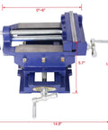 Six Inch Cross Slide Vise For Drill Press And Benchtop Milling, rugged cast iron body, shown from the front with dimensions.