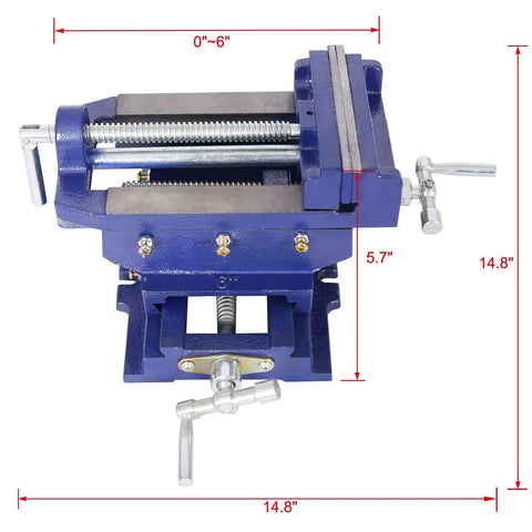 Six Inch Cross Slide Vise For Drill Press And Benchtop Milling, rugged cast iron body, shown from the front with dimensions.