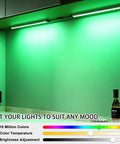 Under Cabinet LED Lighting Kit With Dimmable Brightness And Music Sync, WiFi Smart Control, Lit RGB Multicolor under green cabinet.
