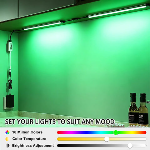 Under Cabinet LED Lighting Kit With Dimmable Brightness And Music Sync, WiFi Smart Control, Lit RGB Multicolor under green cabinet.