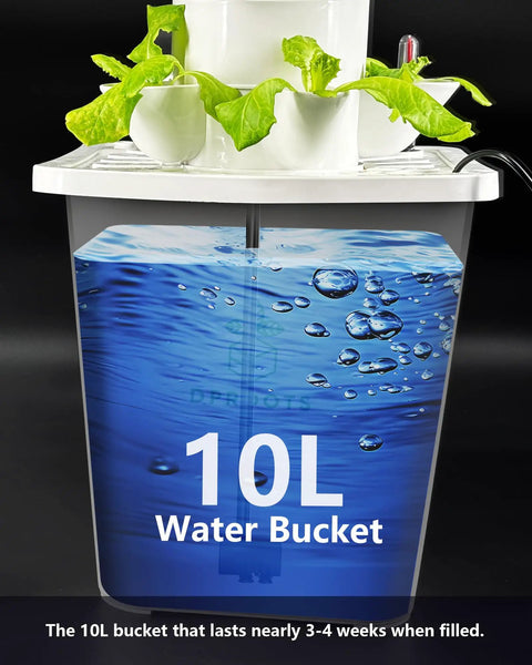 Vertical Hydroponics Tower Garden For Home Growers With 45 Pods, showing 10L water bucket with leafy greens on top