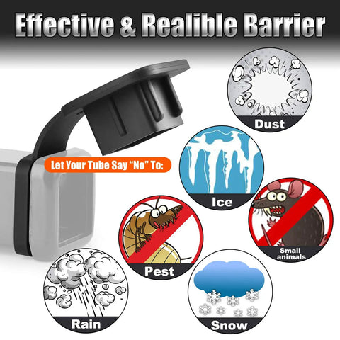 2 Inch Trailer Hitch Cover Plug Cap for Universal 2x2 Receiver Tubes, protection graphic against dust, ice, pests, rain, and snow.