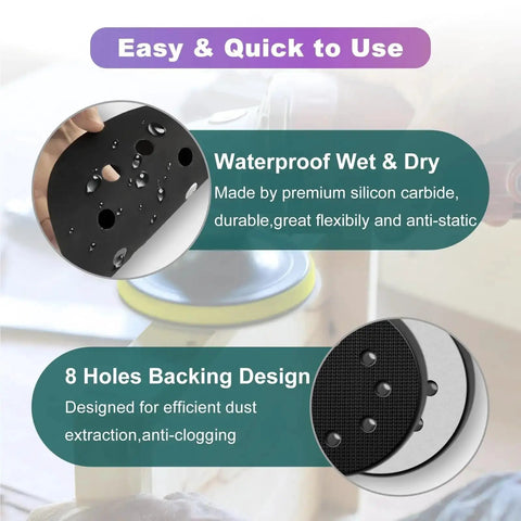 Super Heavy Duty 122 Piece Hook And Loop Wet Dry Sanding Disc Assortment Set showing waterproof 8 holes design for dust extraction.
