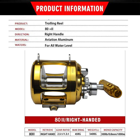 2 Speed Aluminum Big Game Trolling Reel for Inshore and Offshore Fishing Right Handed with Lever Drag