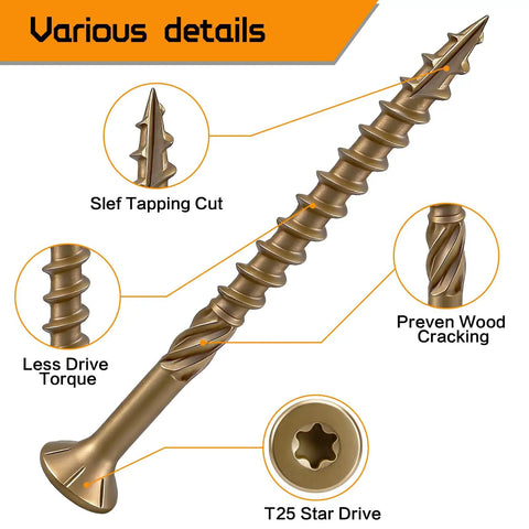 Pro Grade #8 X 2 Inch Deck Screws 100 Pack Exterior Wood Screws Bronze Epoxy Coating Acq Compatible Rust Resistant T25 Star Drive detailed view