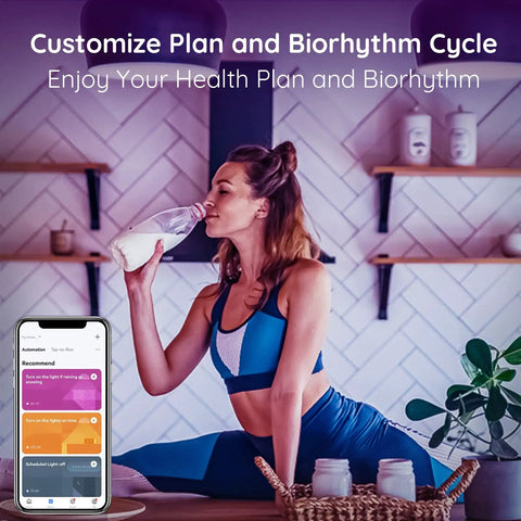 Woman in workout attire drinking milk with smartphone displaying health plan app interface.