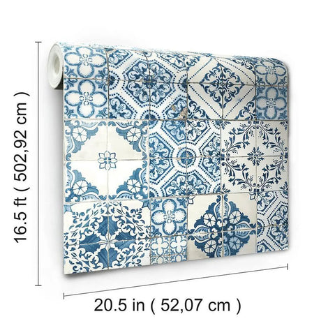 Blue Mediterranean Tile Peel And Stick Wallpaper No Mess No Water No Fuss Removable And Repositionable Washable 20.5 x 16.5 ft